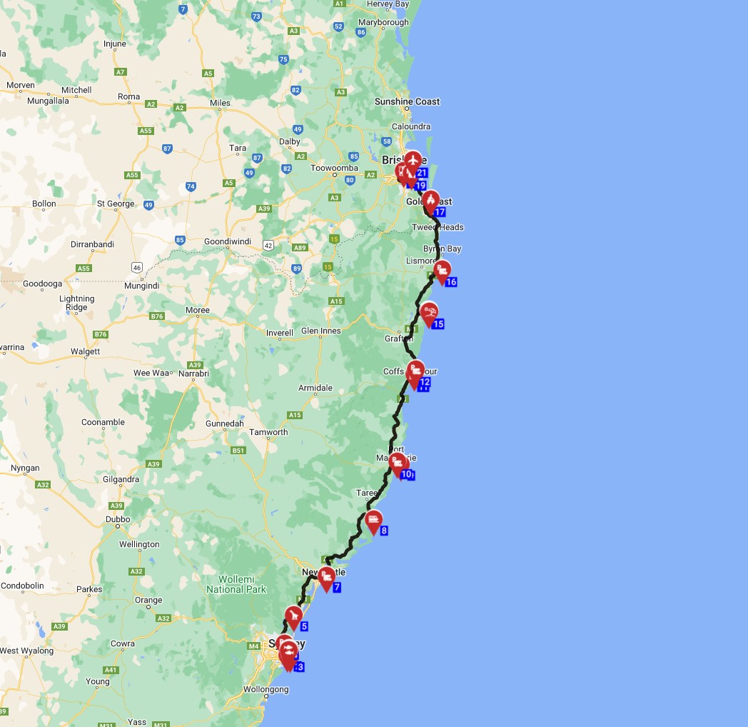 Map for Sydney to Brisbane